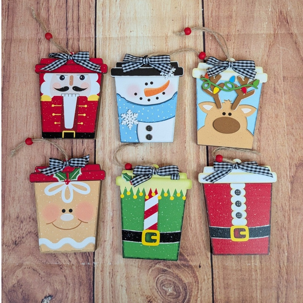 6 PC Wooden Christmas Coffee Cup Ornaments Nutcracker Snowman Santa Reindeer